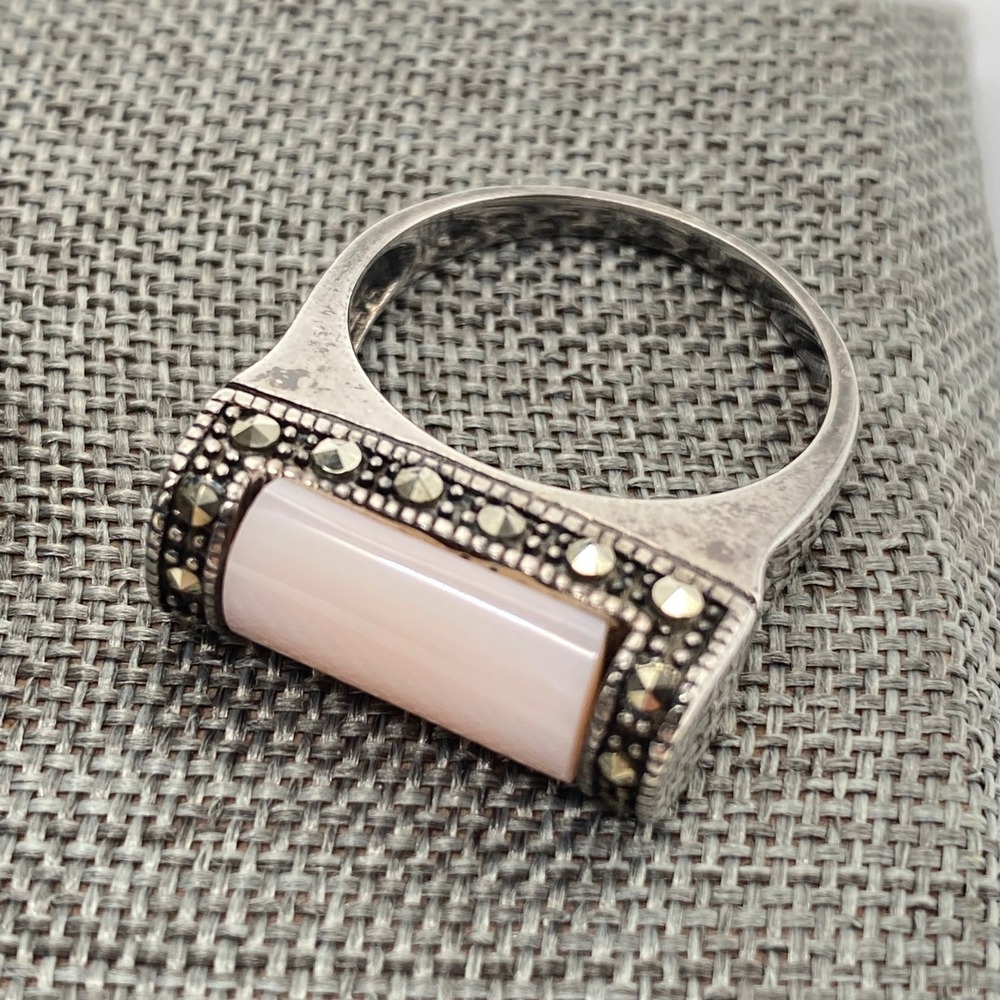 Vintage Ring Sterling Silver Art Deco Wht Pink Mother of Pearl Marcasite Size 10